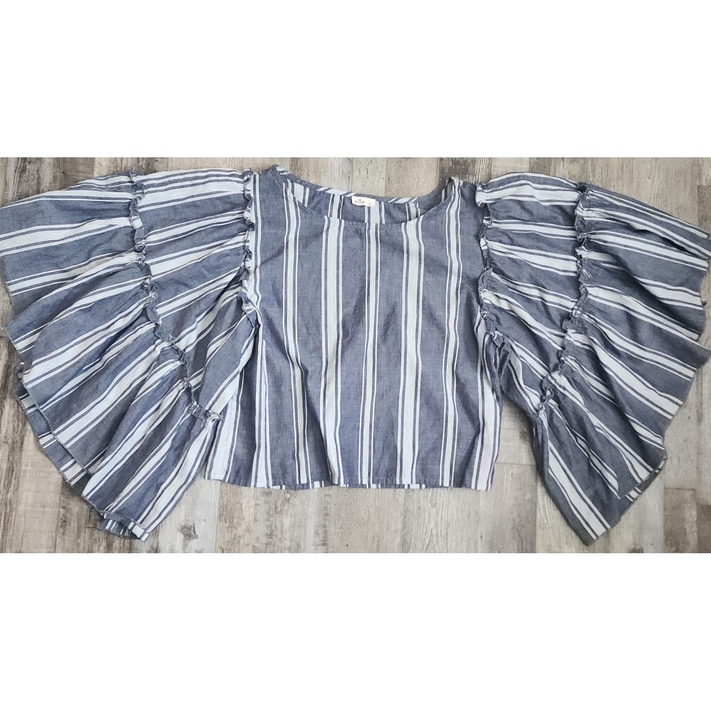 Hollister Crop Top Womens Small Blue White Striped Dramatic Bell Sleeve Ruffle